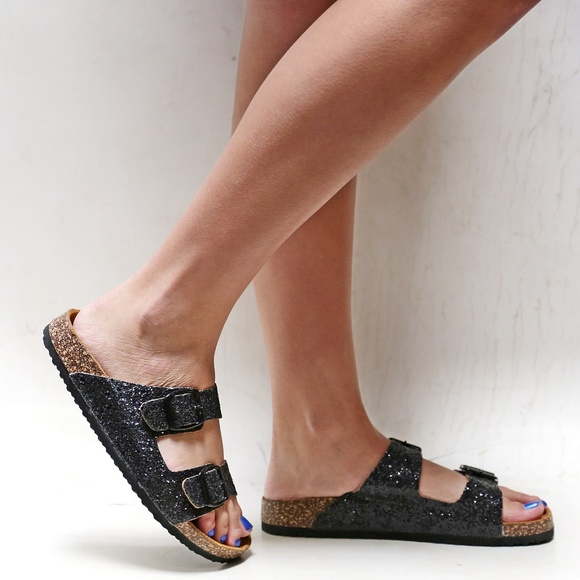New Black Glitter Cork Slip On Slides Sandals - Picture 2 of 4